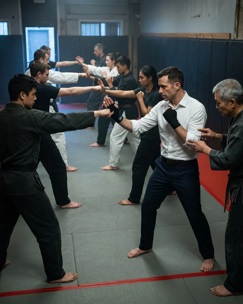 Pairs of students repeat the same technique slowly and deliberately while the sensei corrects one student’s arm.