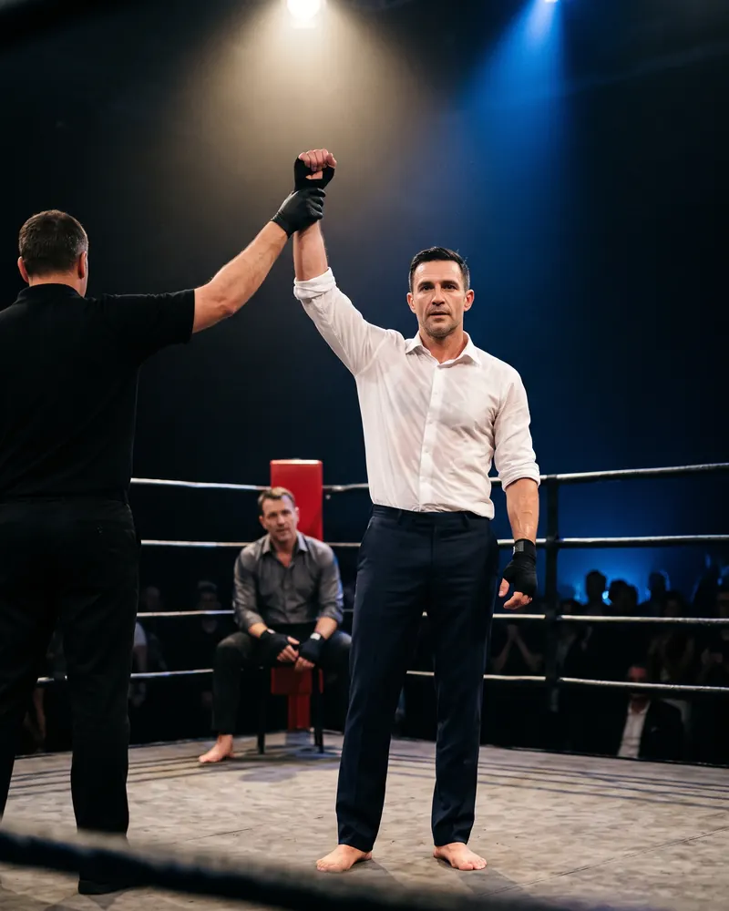 In a ring under bright lights, the referee raises the winner’s hand.